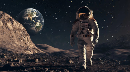 Astronaut walking on planet surface. Mixed media. Mixed media