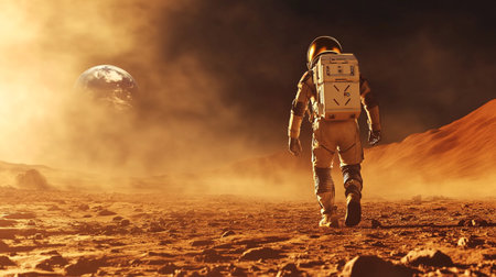 Astronaut running on the planet Mars. Science fiction art.