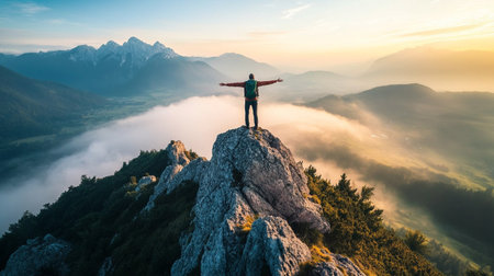 Man standing on top of the mountain and enjoying the view of the valley