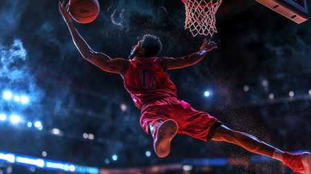 basketball game sport player in action isolated on black background with lights and smoke