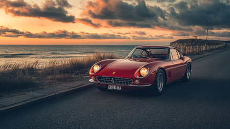 Vintage red car on the beach at sunset. 3d rendering