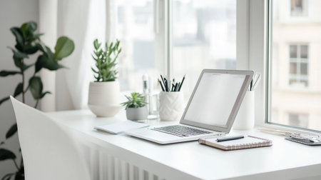 Workplace with laptop, stationery and plant on the windowsill
