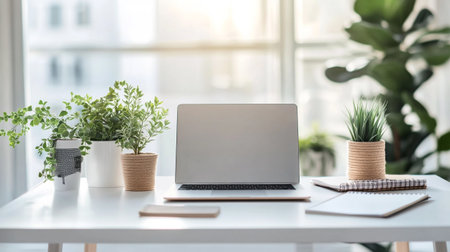 Workplace with laptop, notebook and plant on white table at home