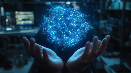 Woman hand holding global network hologram on dark background 3D rendering