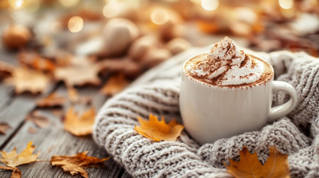 Cup of hot chocolate with marshmallows and autumn leaves on wooden background