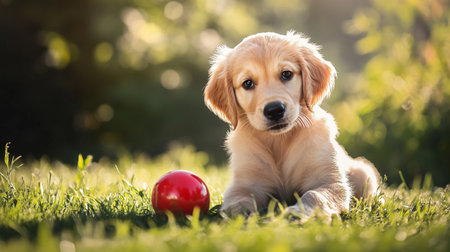 Cute Golden Retriever puppy with red ball on green grass