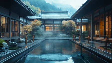 Japanese temple with swimming pool and mountains in the background. 3d rendering