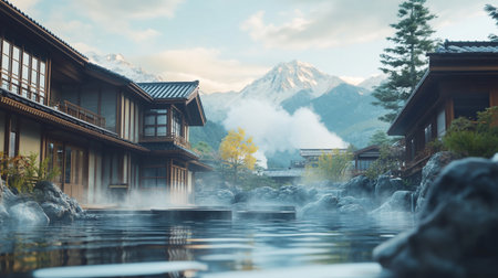 Traditional japanese wooden house with mountain background.