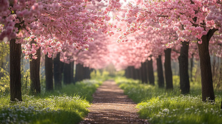Cherry blossoms along a pathway in springtime, Poland.