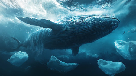 Whale swimming underwater with icebergs and ice floes in the background