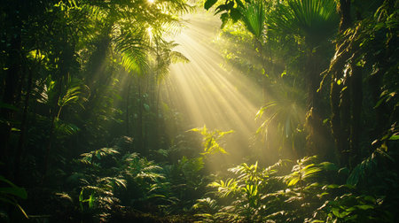Sunlight shining through the tropical forest. Natural background with sunbeams.