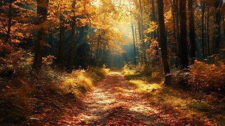 Autumn landscape. Path through the autumn forest. Sunny day.