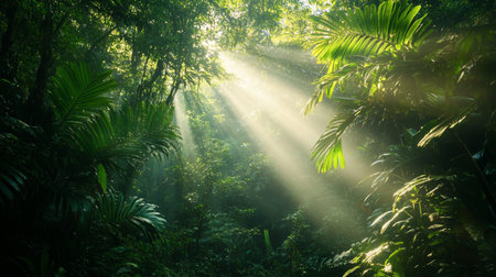 Sun rays shining through the canopy of tropical trees in the rainforest