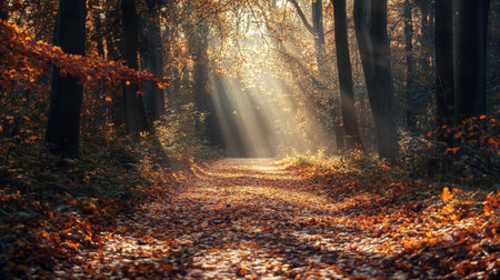 Path in the autumn forest with sunbeams passing through the leaves