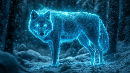 Digital illustration of a wolf in winter forest. 3D rendering.