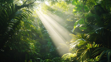 Sunlight in the green tropical forest. Natural background with sunlight.