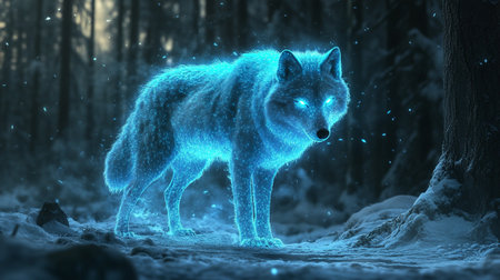 Blue wolf in the winter forest. 3D rendering with DOF