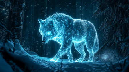 Illustration of a wolf in the night forest. 3d rendering