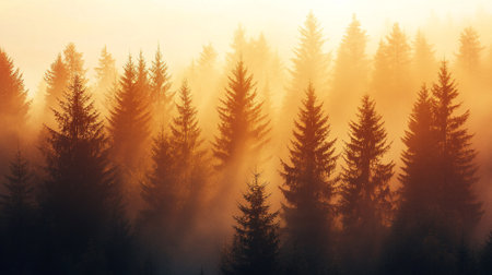 Foggy morning in the coniferous forest. Sunrise.