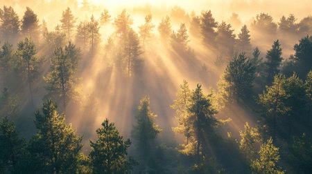 Morning fog in the forest. Sun rays through the branches of trees
