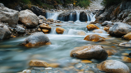 Beautiful waterfall in the mountains. Mountain river with stones in the forest.