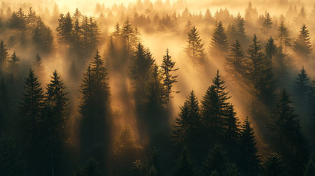Foggy morning in the coniferous forest. Beautiful landscape.