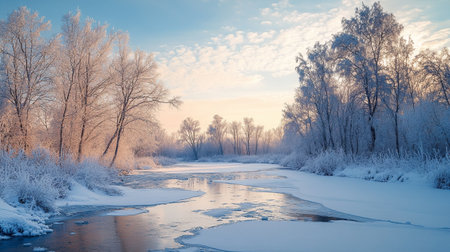 Beautiful winter landscape with frozen river and trees in hoarfrost