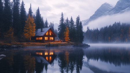 Beautiful wooden house on the mountain lake in foggy morning.