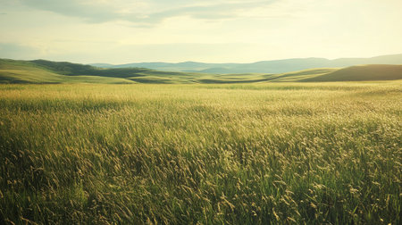 Beautiful summer landscape with green grass and mountains in the background.