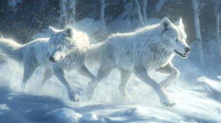 Two white wolf running in the winter forest. 3D illustration.