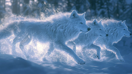 Two wolves running in the winter forest. 3d render illustration.