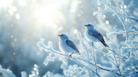 Beautiful winter landscape with two birds sitting on a branch covered with snow