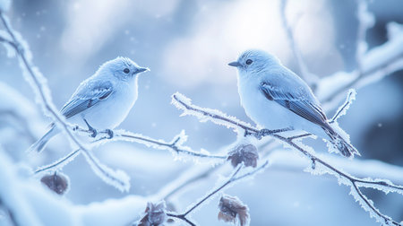 Birds in the winter forest. Blue bicolor bird sitting on a branch covered with snow
