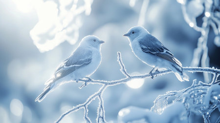 Two birds sitting on a tree branch in winter forest. Toned.