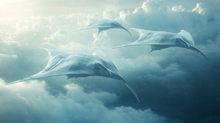 Two stingray in the cloudy sky. 3D Rendering.