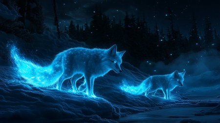 Two foxes in winter forest at night. 3D rendering.
