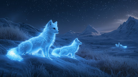 3D rendering of a wolf family in the grass with mountains in the background