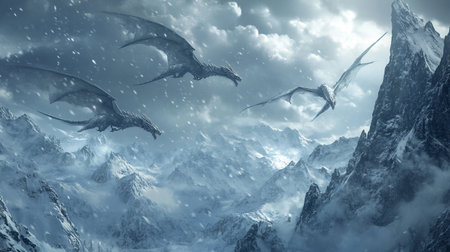 Fantasy landscape with pterodactyls. 3D rendering