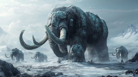 3D Illustration of a huge mammoth in a surreal landscape.の写真素材