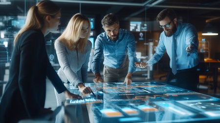 Group of business people in smart casual wear working together in modern office.