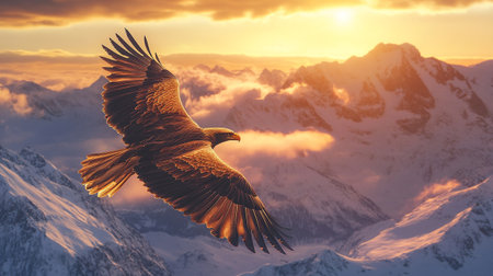 Bald Eagle flying in the mountains at sunset.