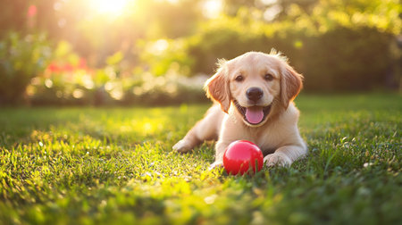 Cute Golden Retriever puppy playing with red ball in the garden
