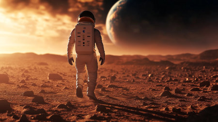 Astronaut walking on planet surface. Mixed media. Mixed media