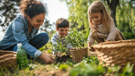 selective focus of smiling african american mother and daughter planting seedlings in garden