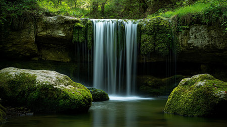 Waterfall in the forest with green moss and rocks in the foreground