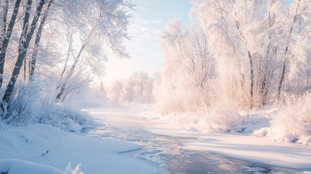 Beautiful winter landscape with frozen river and trees in hoarfrost
