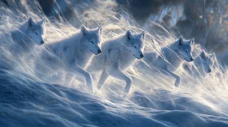 Three white wolf running in the snow in winter. 3d rendering