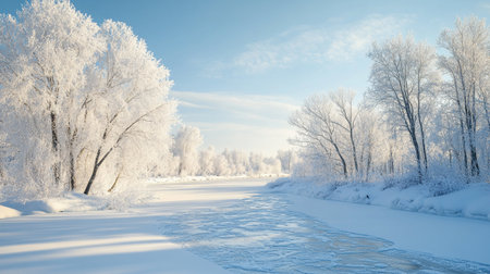 Winter landscape. Frosty trees on the shore of a frozen river.