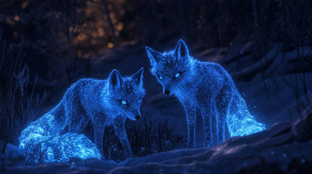 Two foxes in the winter forest at night. 3D illustration.
