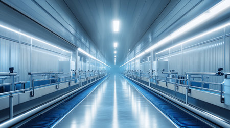 3d rendering of a modern conveyor belt in a factory.